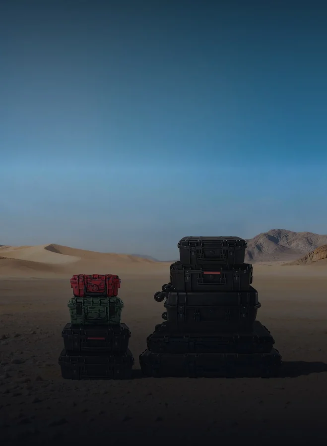 Cases stacked in the desert