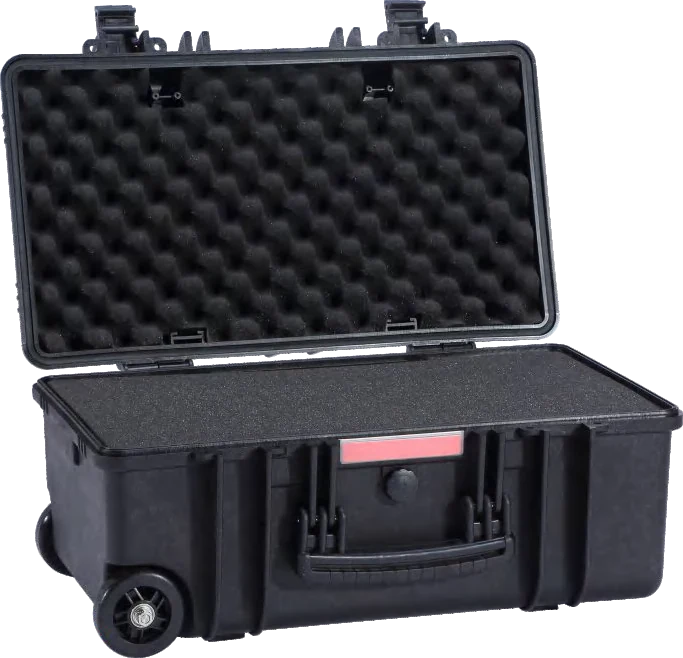 Case construction — lid foam, base foam, latches and wheels