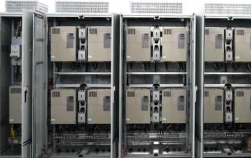 Row of outdoor cabinets with cooling units